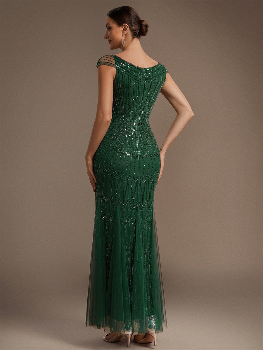 Sequin Drop Shoulder Sleeve Beaded Formal Dress #color_Dark Green