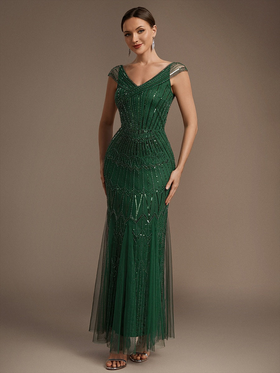 Sequin Drop Shoulder Sleeve Beaded Formal Dress #color_Dark Green