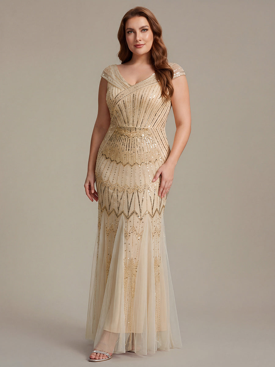 Sequin Drop Shoulder Sleeve Beaded Formal Dress #color_Gold