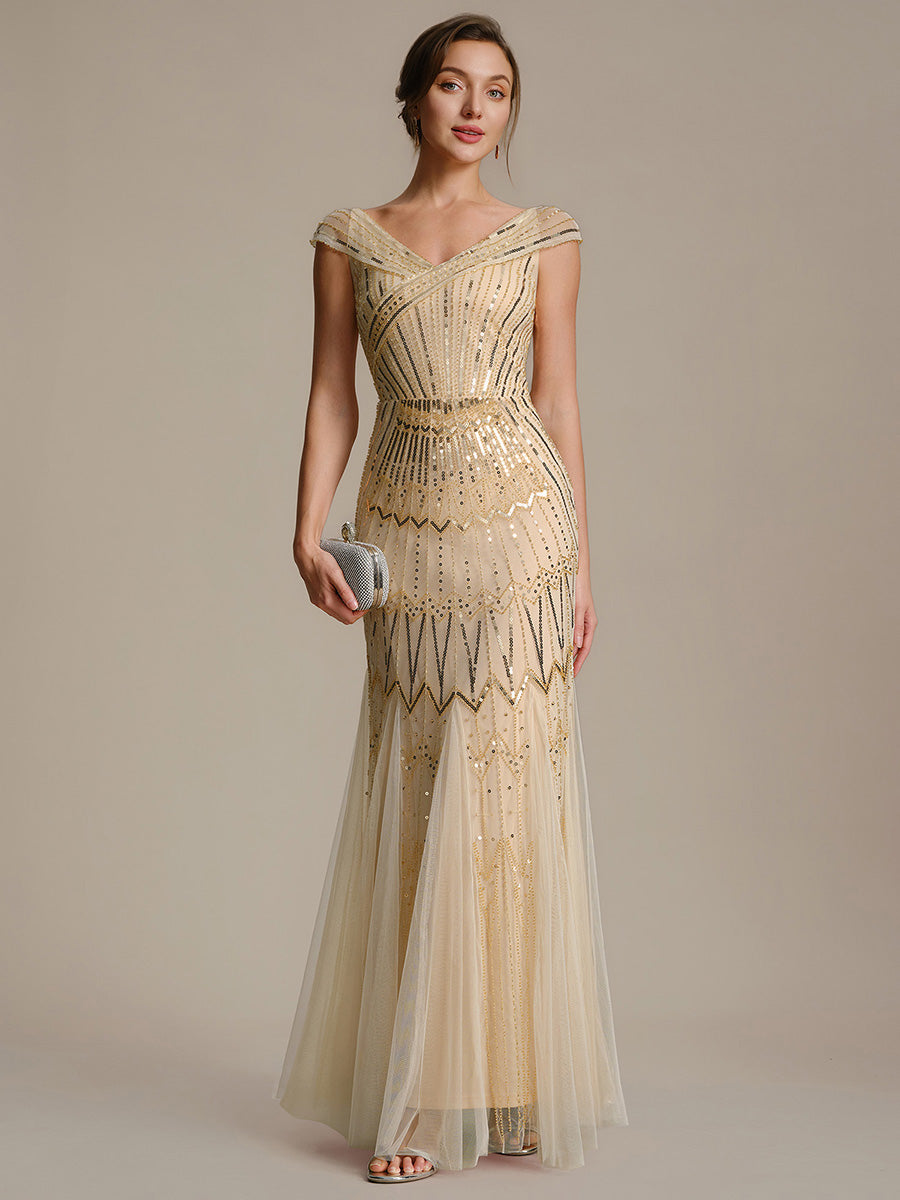 Sequin Drop Shoulder Sleeve Beaded Formal Dress #color_Gold