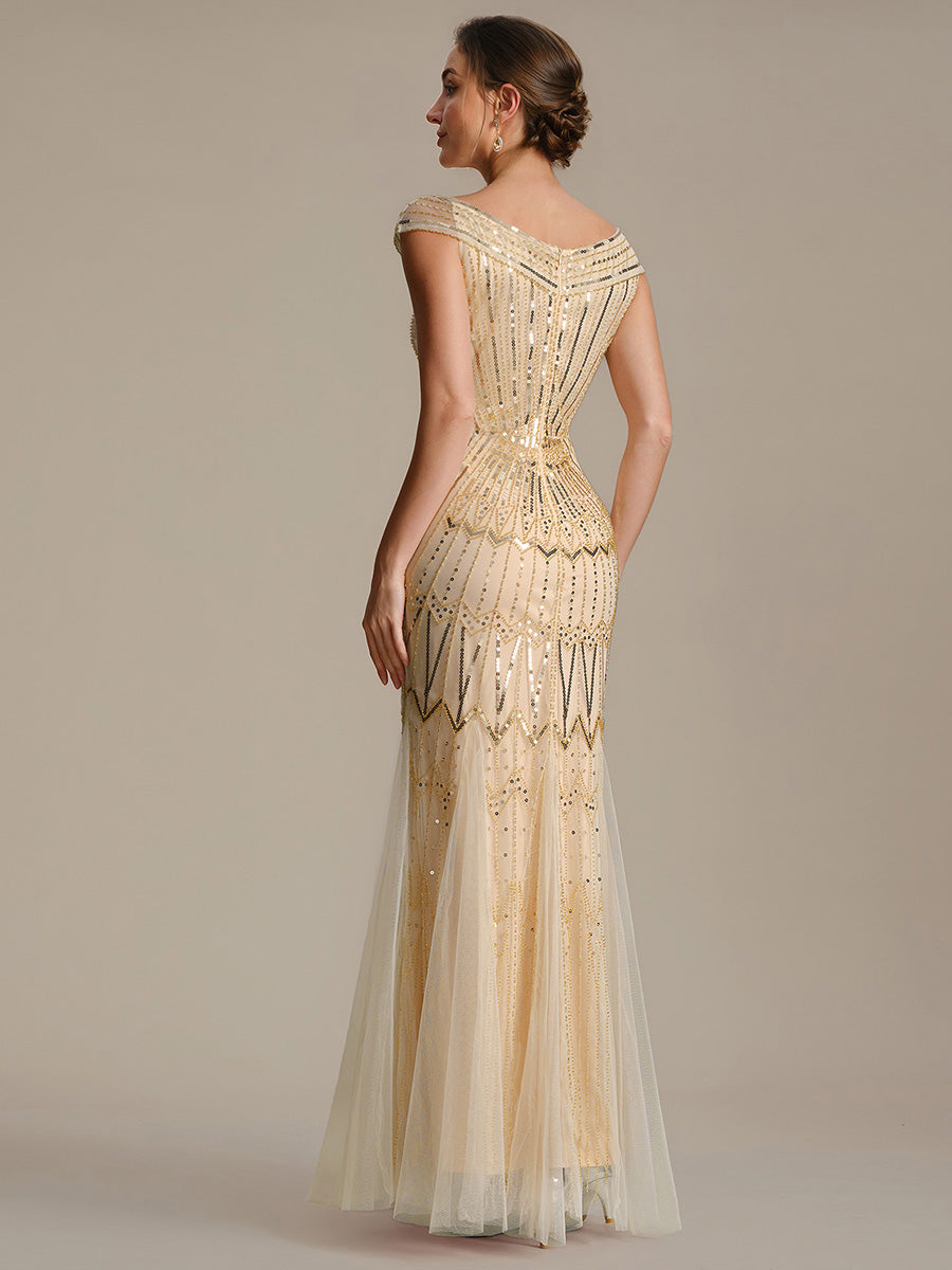 Sequin Drop Shoulder Sleeve Beaded Formal Dress #color_Gold