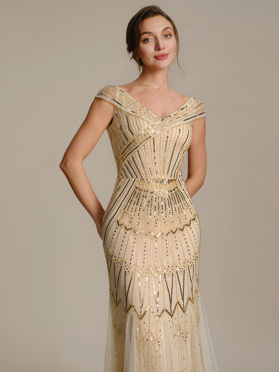 Sequin Drop Shoulder Sleeve Beaded Formal Dress #color_Gold