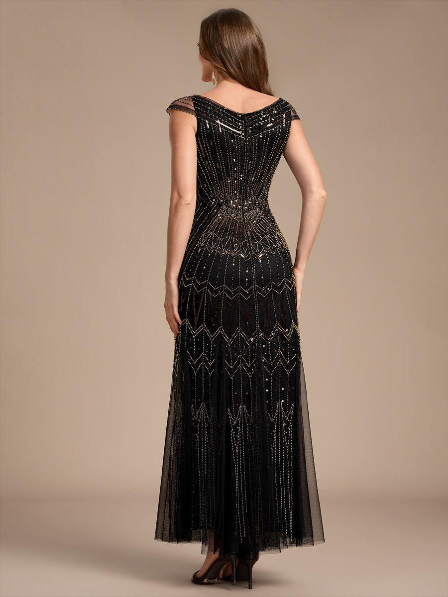Sequin Drop Shoulder Sleeve Beaded Formal Dress #color_Black & Gold