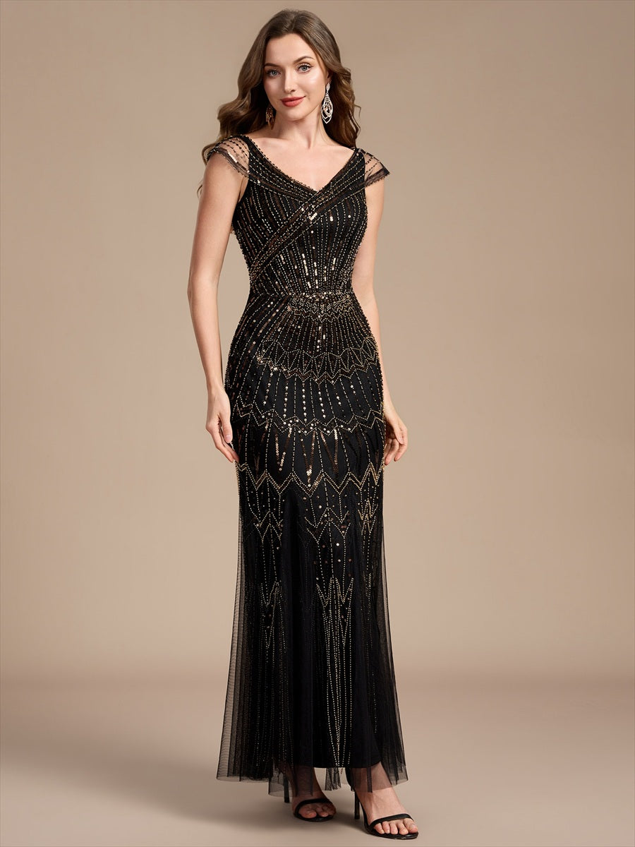 Sequin Drop Shoulder Sleeve Beaded Formal Dress #color_Black & Gold