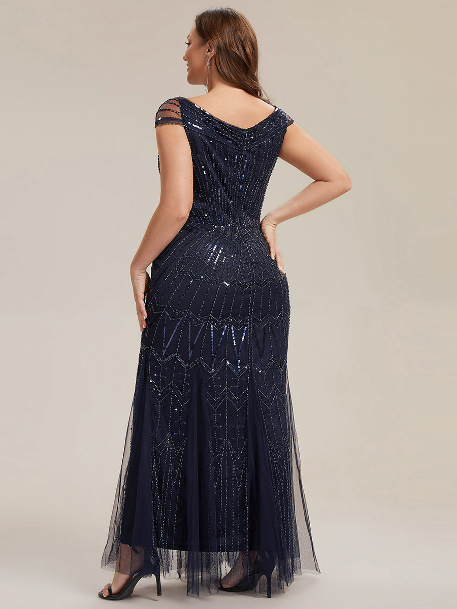 Sequin Drop Shoulder Sleeve Beaded Formal Dress #color_Navy Blue