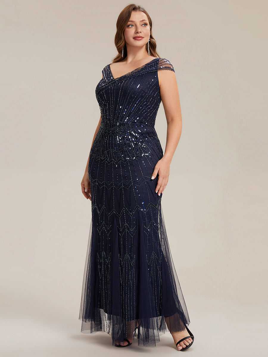 Sequin Drop Shoulder Sleeve Beaded Formal Dress #color_Navy Blue