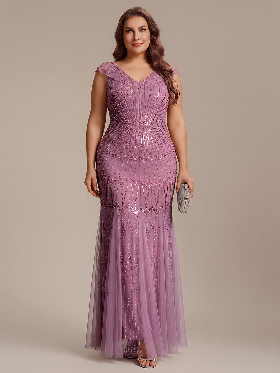 Sequin Drop Shoulder Sleeve Beaded Formal Dress #color_Purple Orchid