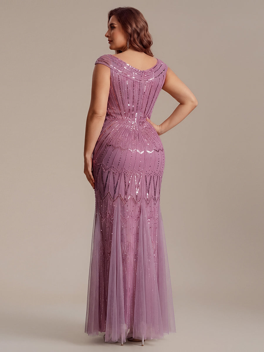 Sequin Drop Shoulder Sleeve Beaded Formal Dress #color_Purple Orchid