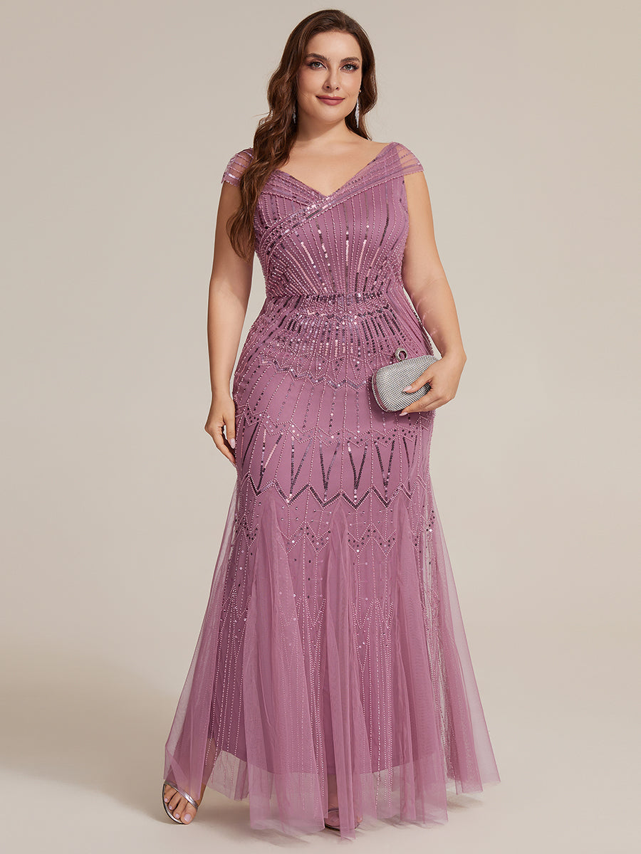 Sequin Drop Shoulder Sleeve Beaded Formal Dress #color_Purple Orchid