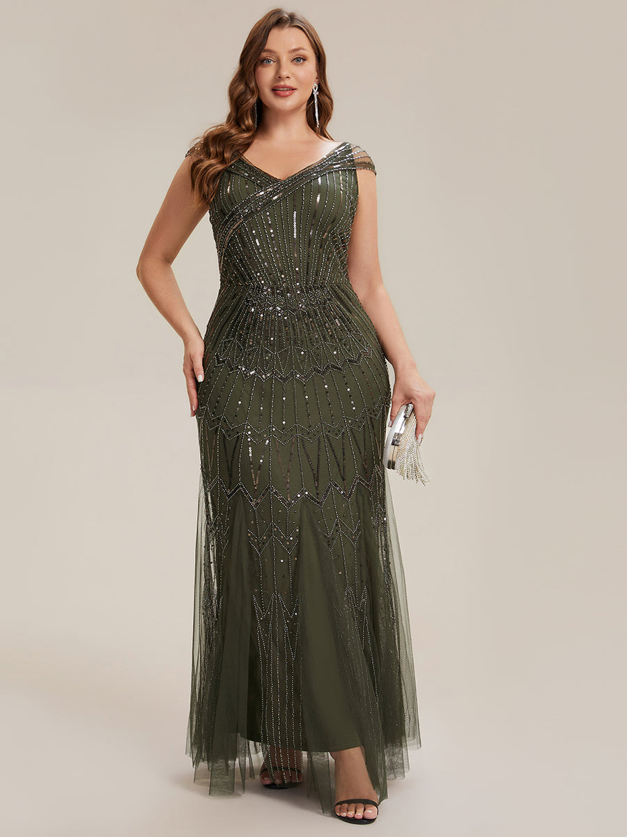 Sequin Drop Shoulder Sleeve Beaded Formal Dress #color_Olive Green