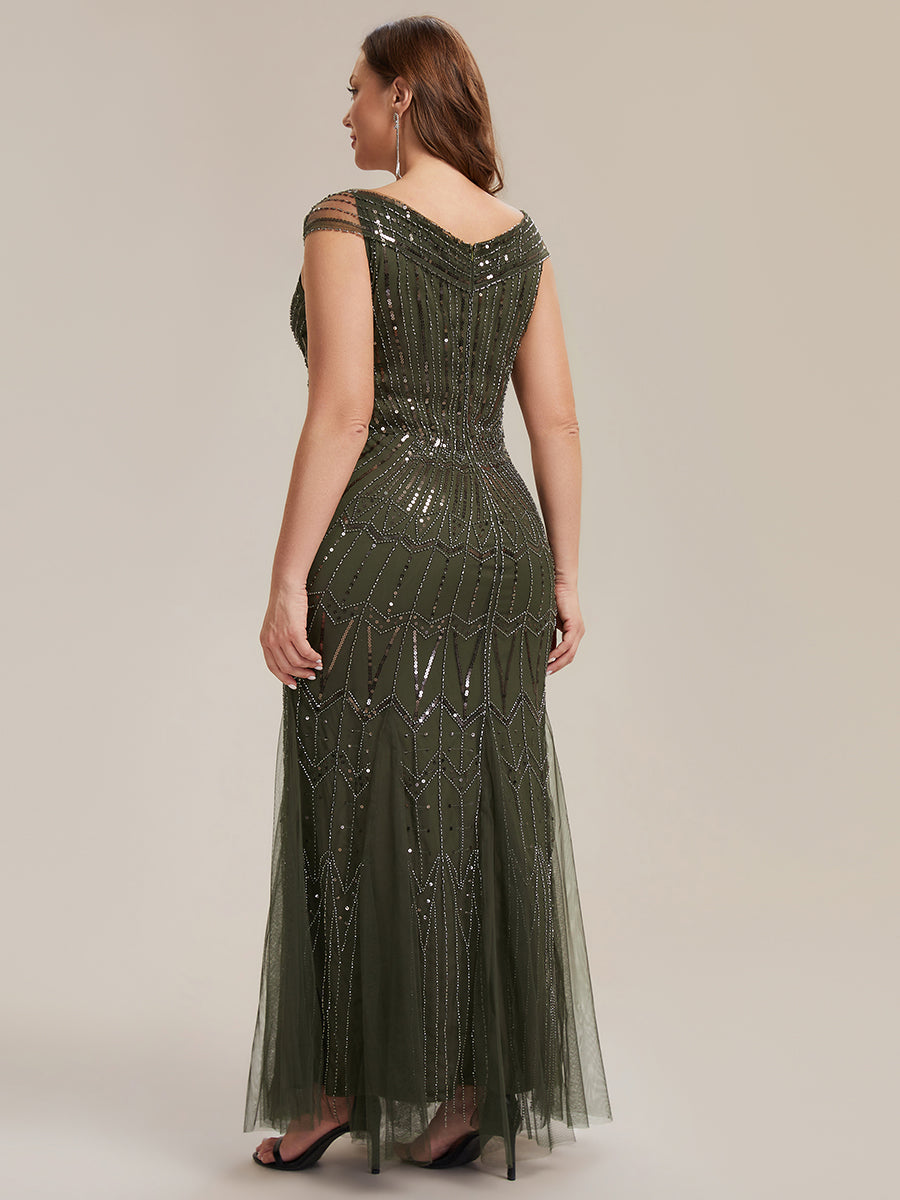 Sequin Drop Shoulder Sleeve Beaded Formal Dress #color_Olive Green