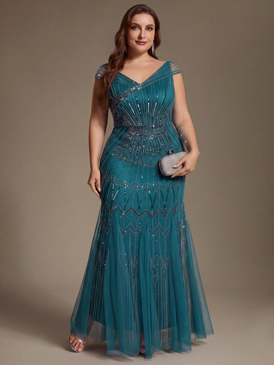 Sequin Drop Shoulder Sleeve Beaded Formal Dress #color_Teal Blue