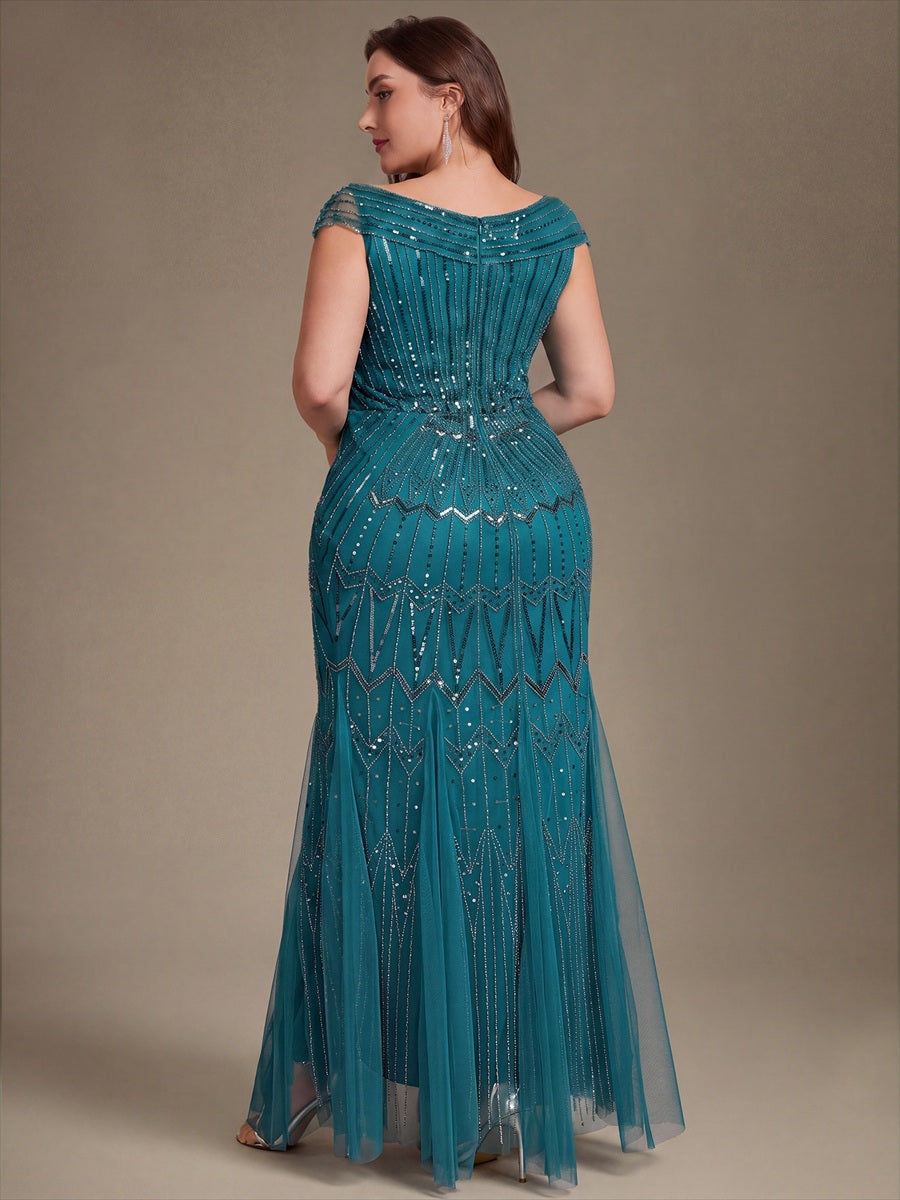 Sequin Drop Shoulder Sleeve Beaded Formal Dress #color_Teal Blue