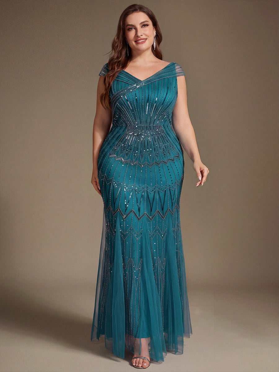 Sequin Drop Shoulder Sleeve Beaded Formal Dress #color_Teal Blue