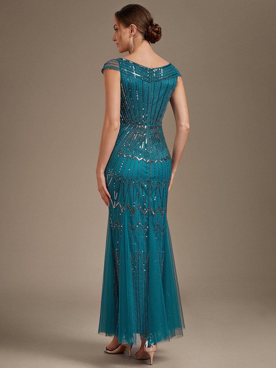 Sequin Drop Shoulder Sleeve Beaded Formal Dress #color_Teal Blue