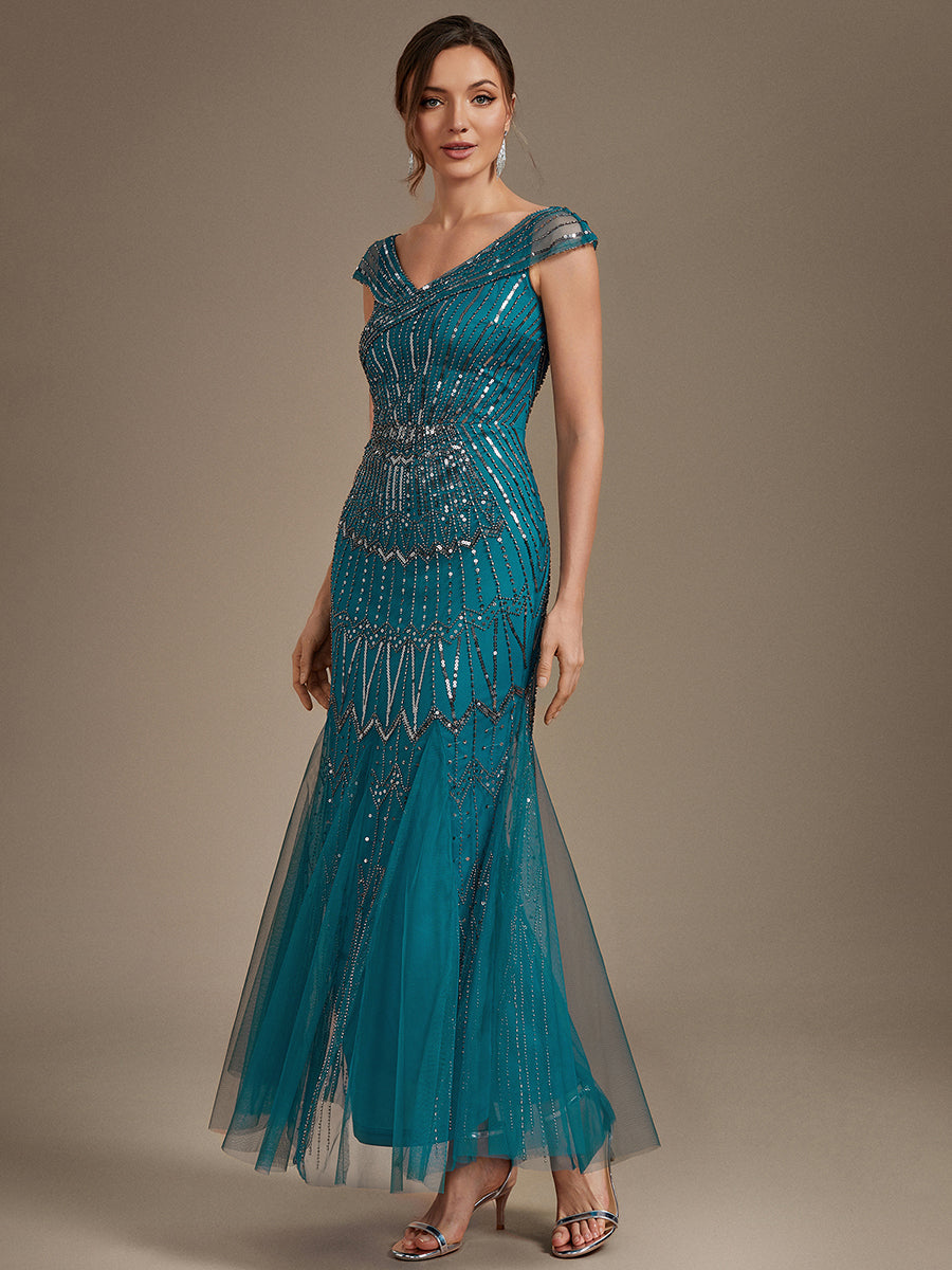 Sequin Drop Shoulder Sleeve Beaded Formal Dress #color_Teal Blue
