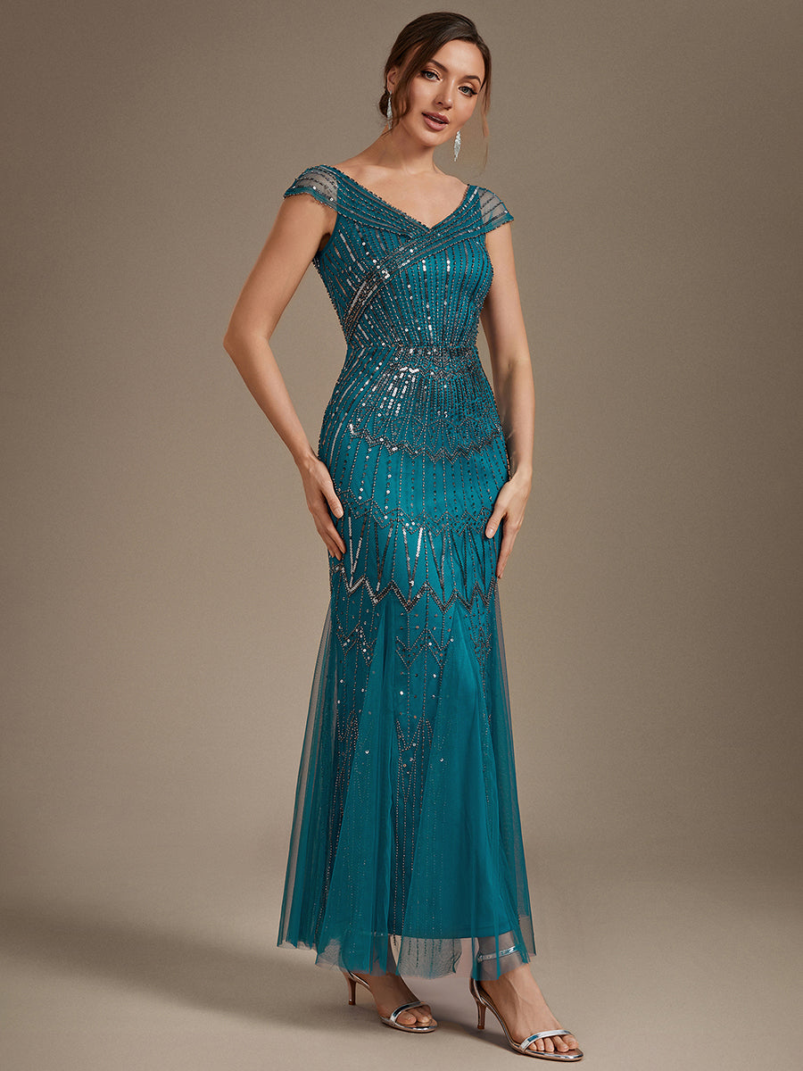 Sequin Drop Shoulder Sleeve Beaded Formal Dress #color_Teal Blue