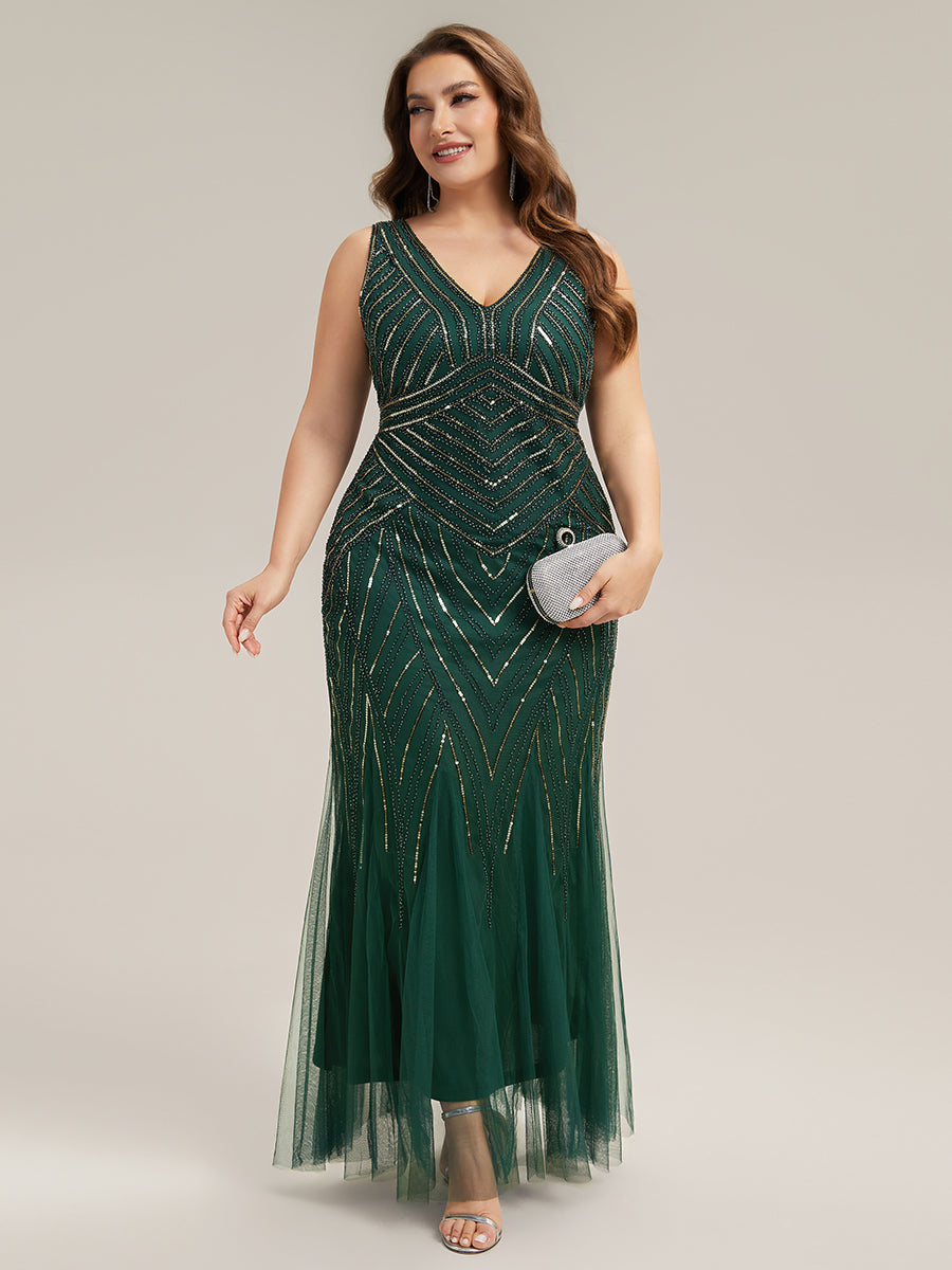 Plus Size Deep V-Neck Bead Embroidery Evening Dress #color_Dark Green