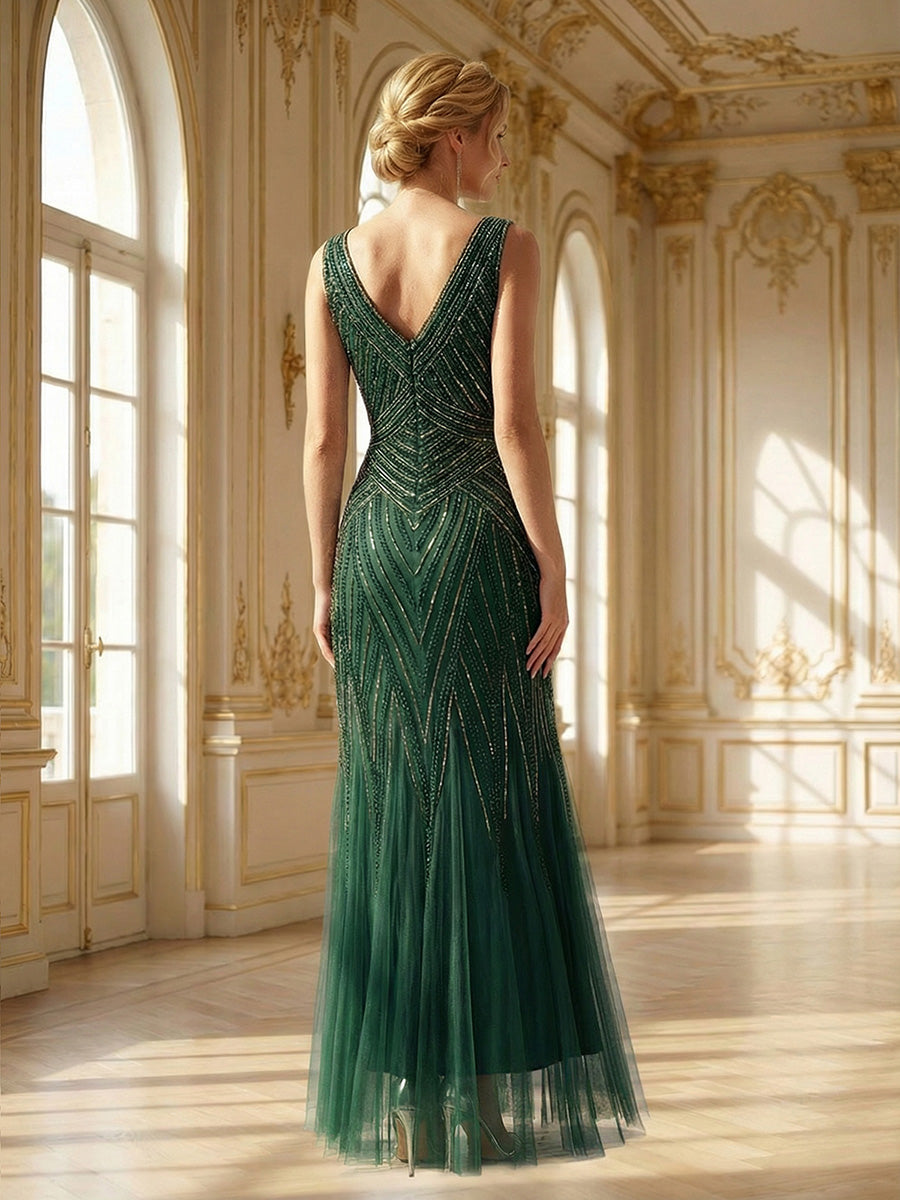 Deep V-Neck Sequin Sleeveless Evening Dress #color_Dark Green
