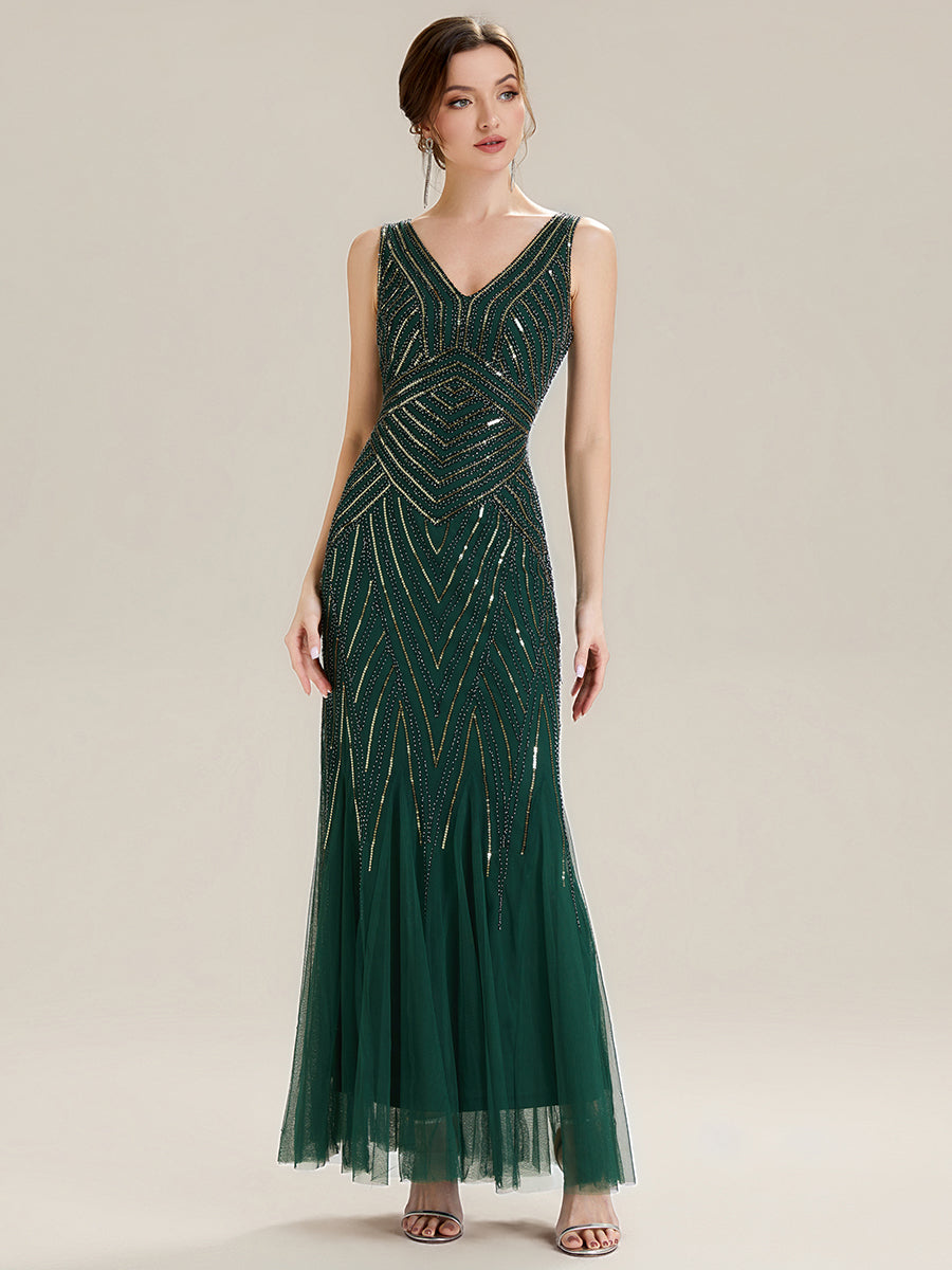 Deep V-Neck Sequin Sleeveless Evening Dress #color_Dark Green