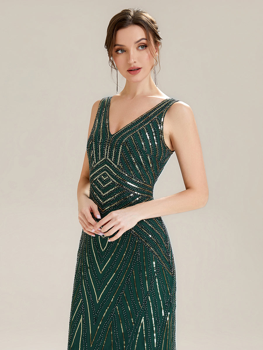 Deep V-Neck Sequin Sleeveless Evening Dress #color_Dark Green