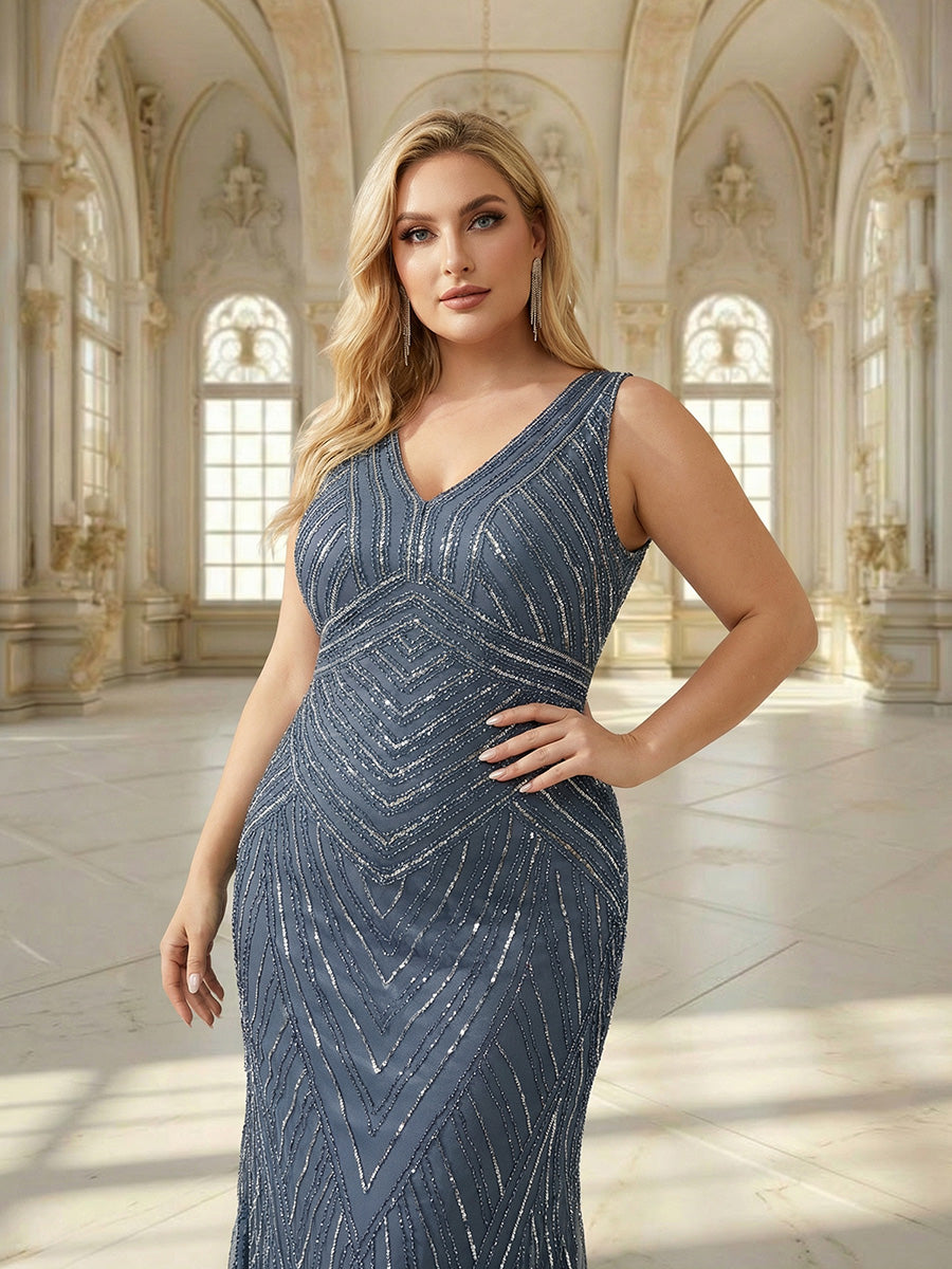 Plus Size Deep V-Neck Bead Embroidery Evening Dress #color_Dusty Blue