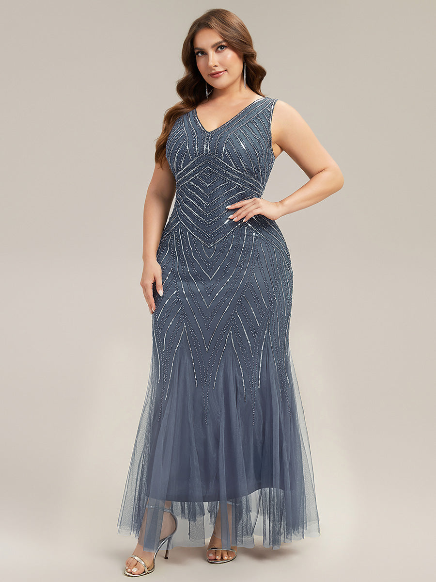 Plus Size Deep V-Neck Bead Embroidery Evening Dress #color_Dusty Blue