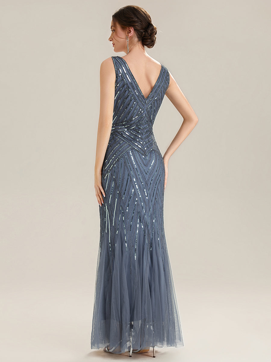 Deep V-Neck Sequin Sleeveless Evening Dress #color_Dusty Blue