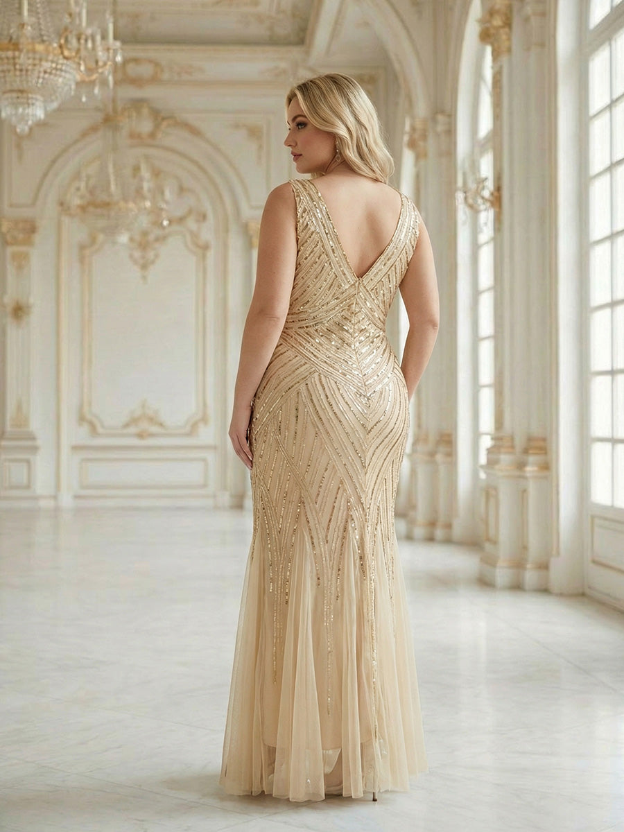 Plus Size Deep V-Neck Bead Embroidery Evening Dress #color_Gold