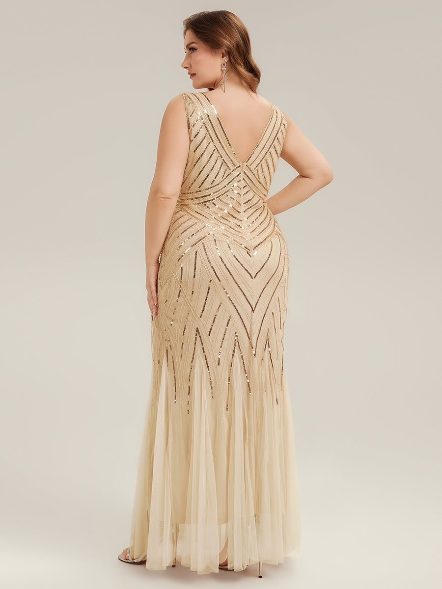 Deep V-Neck Sequin Sleeveless Evening Dress #color_Gold