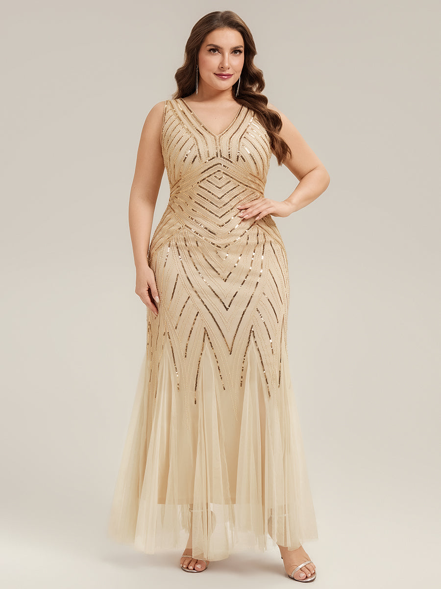 Plus Size Deep V-Neck Bead Embroidery Evening Dress #color_Gold