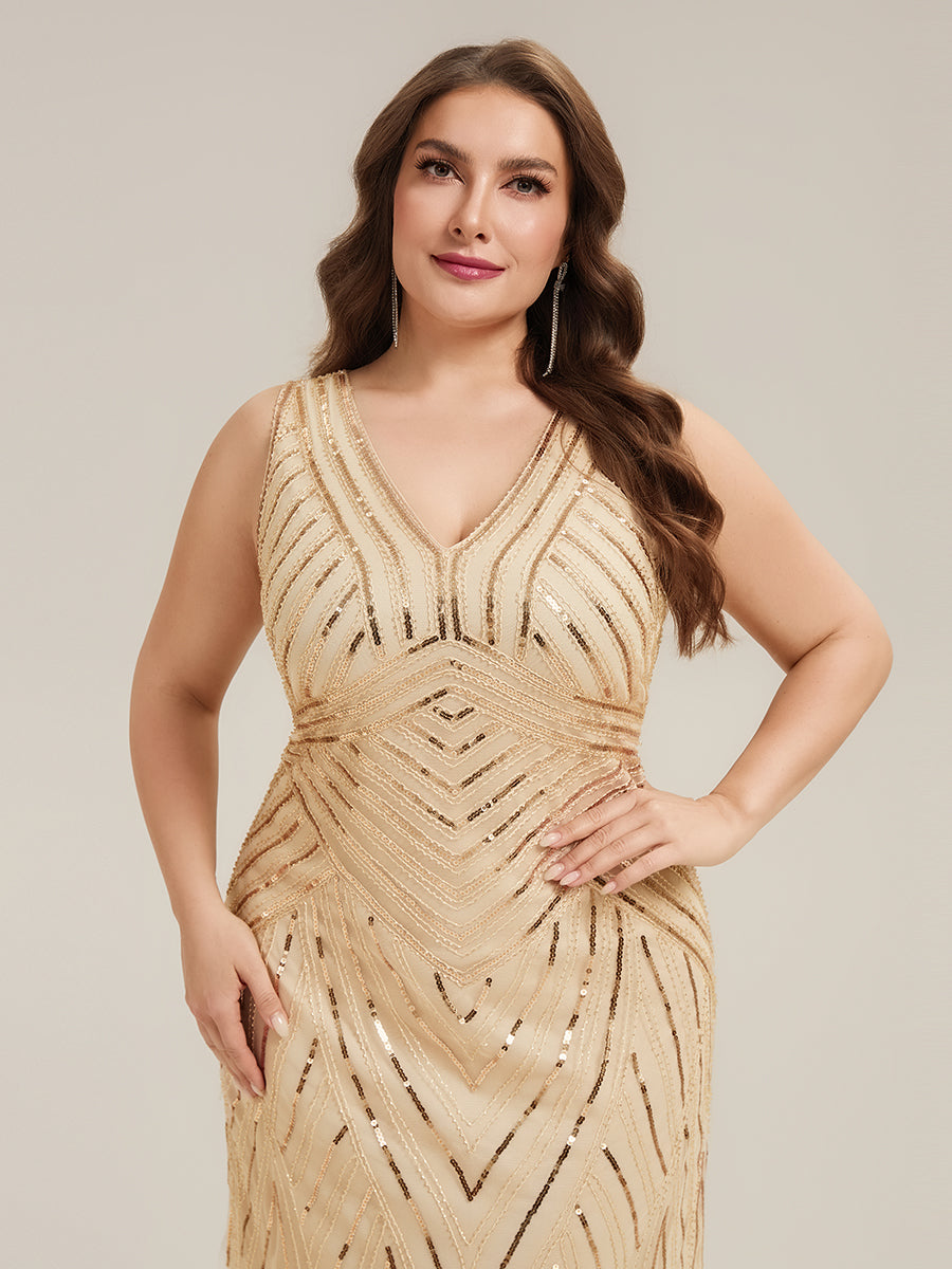 Deep V-Neck Sequin Sleeveless Evening Dress #color_Gold