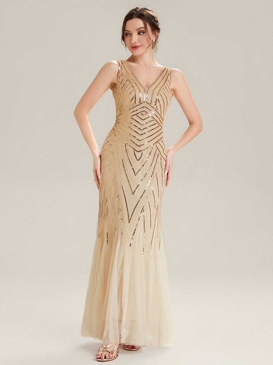 Deep V-Neck Sequin Sleeveless Evening Dress #color_Gold