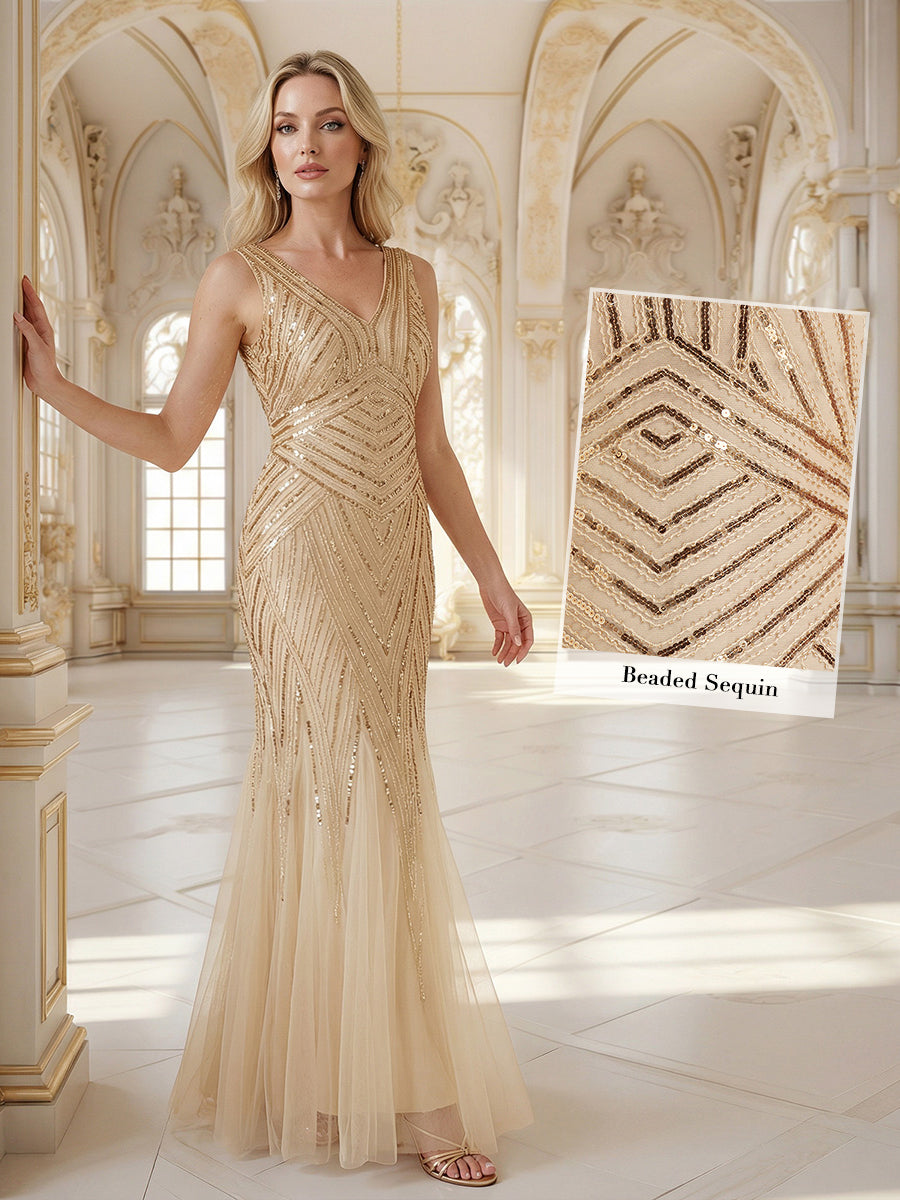 Deep V-Neck Sequin Sleeveless Evening Dress #color_Gold