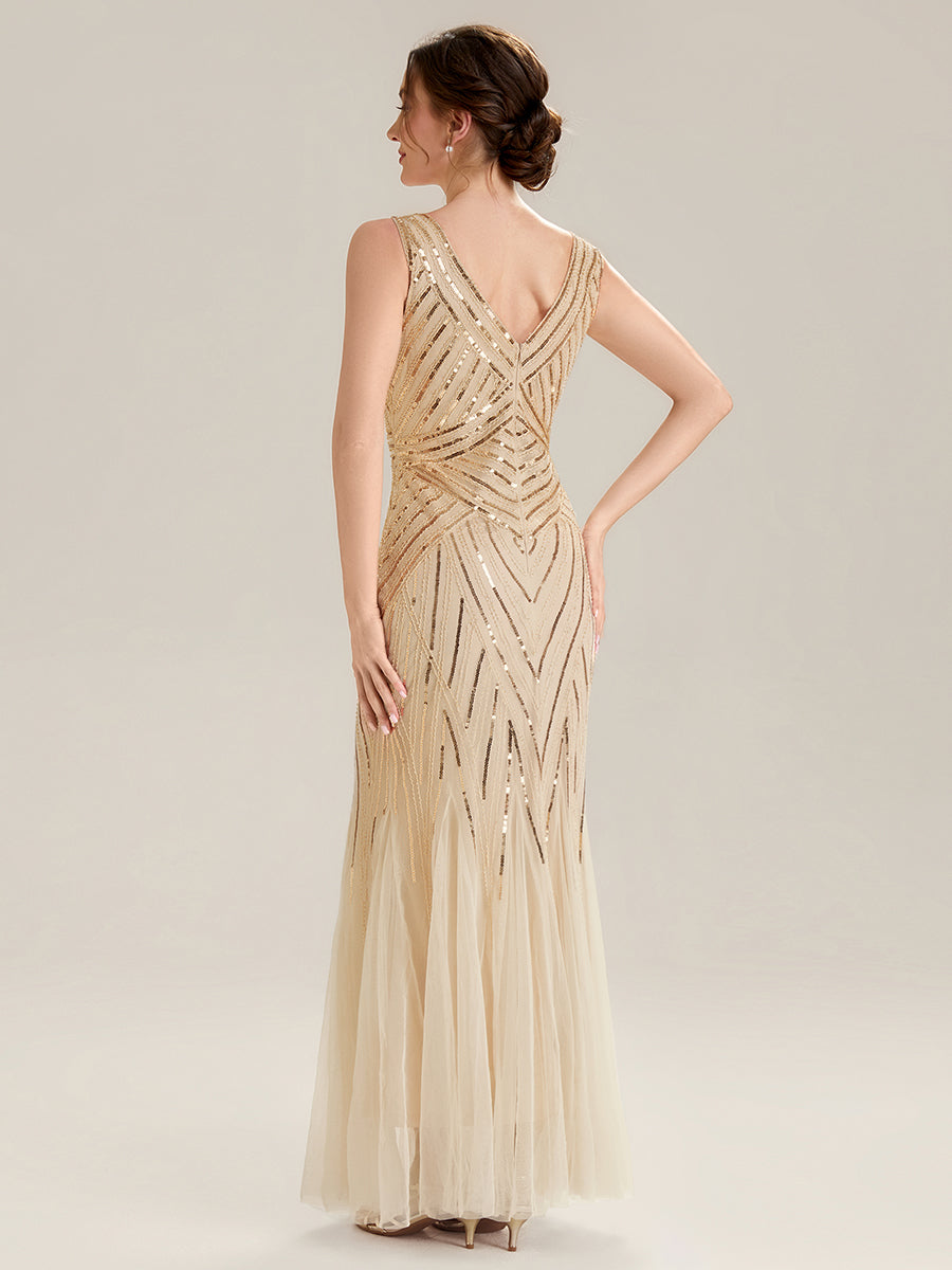 Deep V-Neck Sequin Sleeveless Evening Dress #color_Gold
