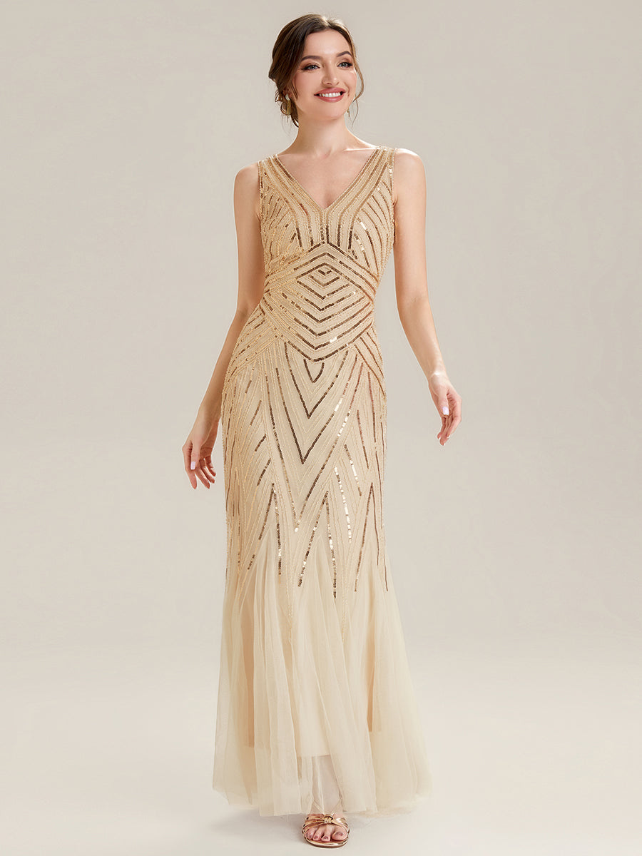 Deep V-Neck Sequin Sleeveless Evening Dress #color_Gold