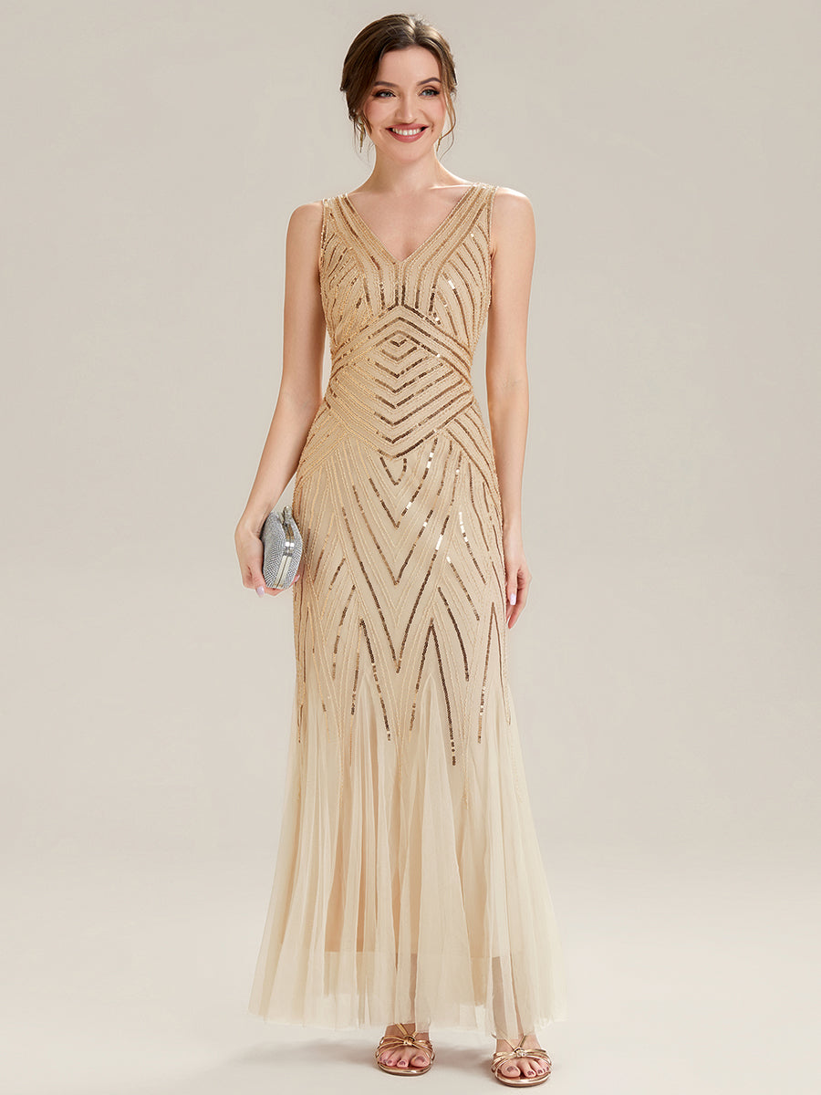 Deep V-Neck Sequin Sleeveless Evening Dress #color_Gold