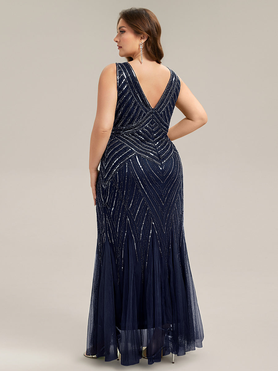 Deep V-Neck Sequin Sleeveless Evening Dress #color_Navy Blue