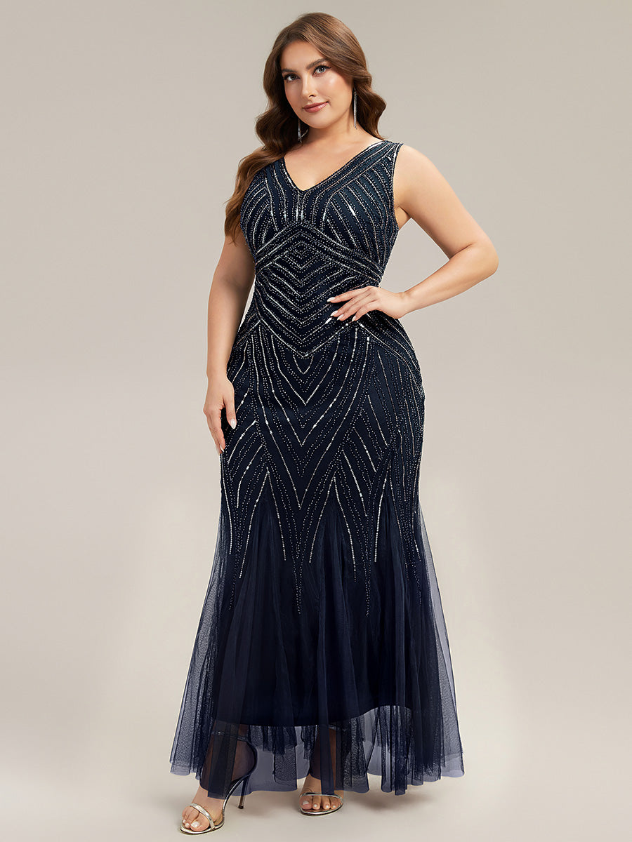 Plus Size Deep V-Neck Bead Embroidery Evening Dress #color_Navy Blue