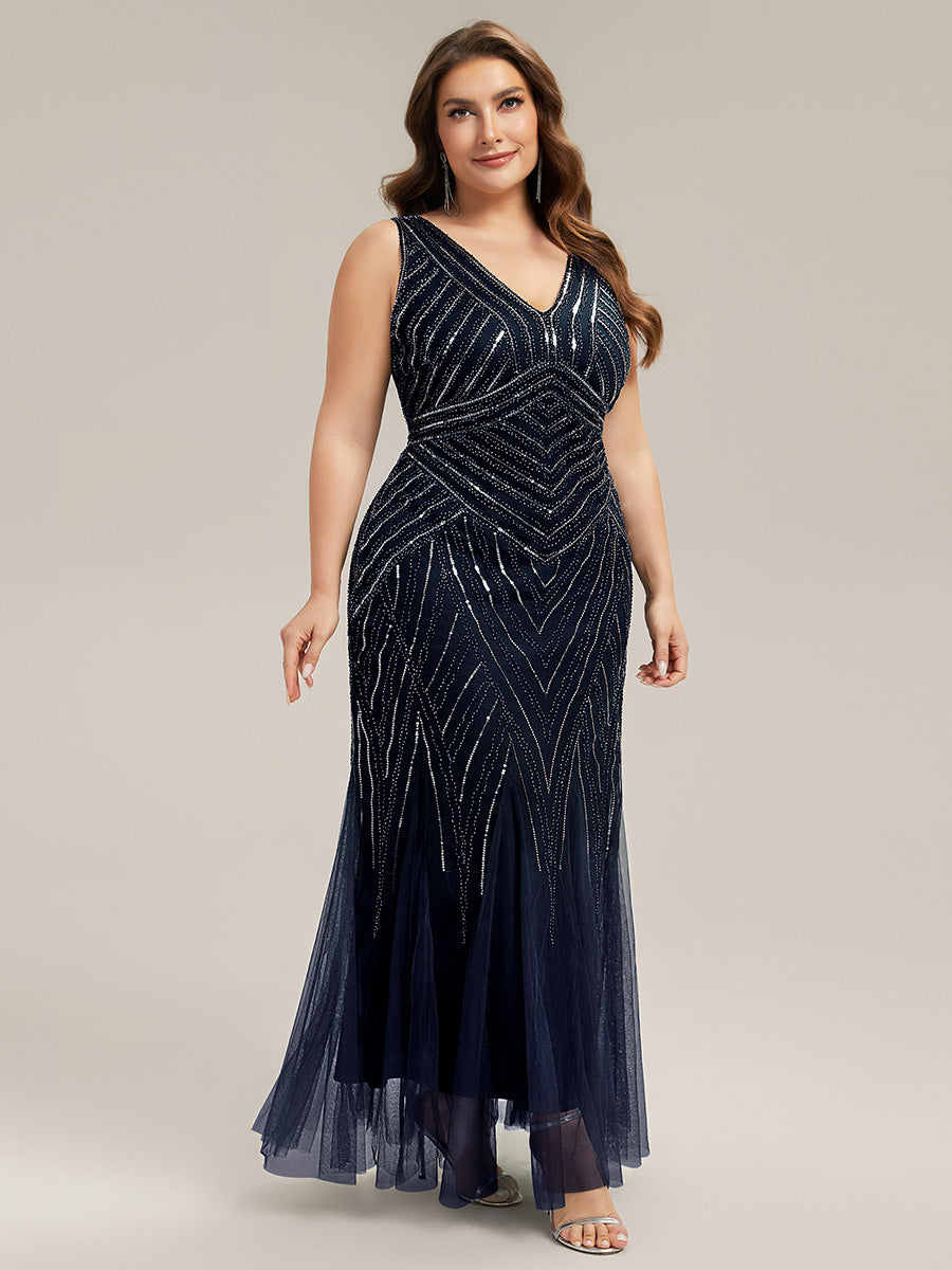 Deep V-Neck Sequin Sleeveless Evening Dress #color_Navy Blue
