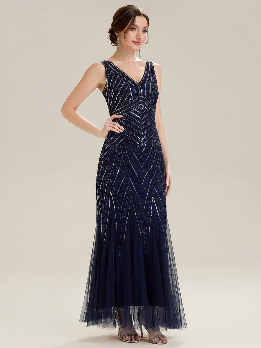 Deep V-Neck Sequin Sleeveless Evening Dress #color_Navy Blue