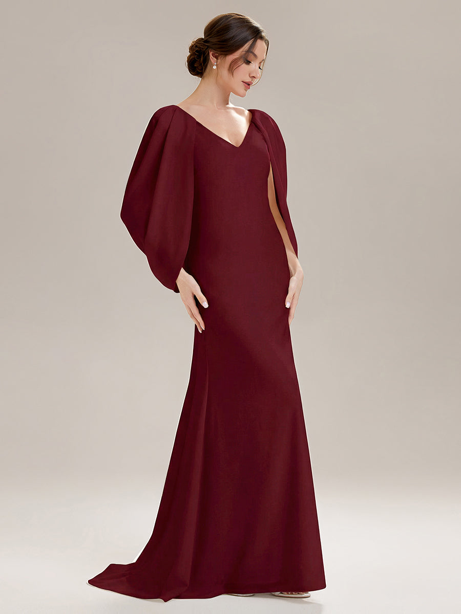 Tie-Front Knit Cape Sleeve Evening Dress #color_Burgundy