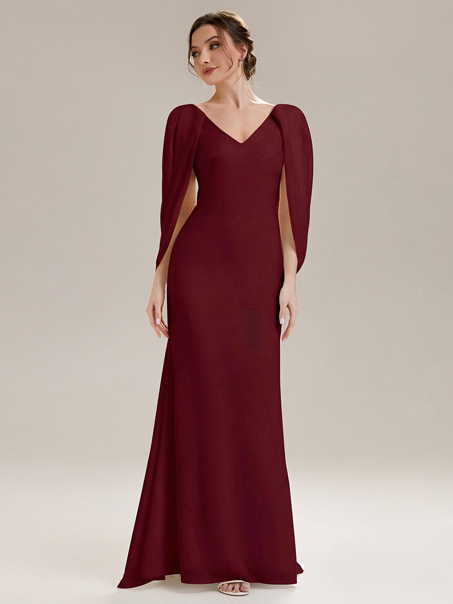 Tie-Front Knit Cape Sleeve Evening Dress #color_Burgundy
