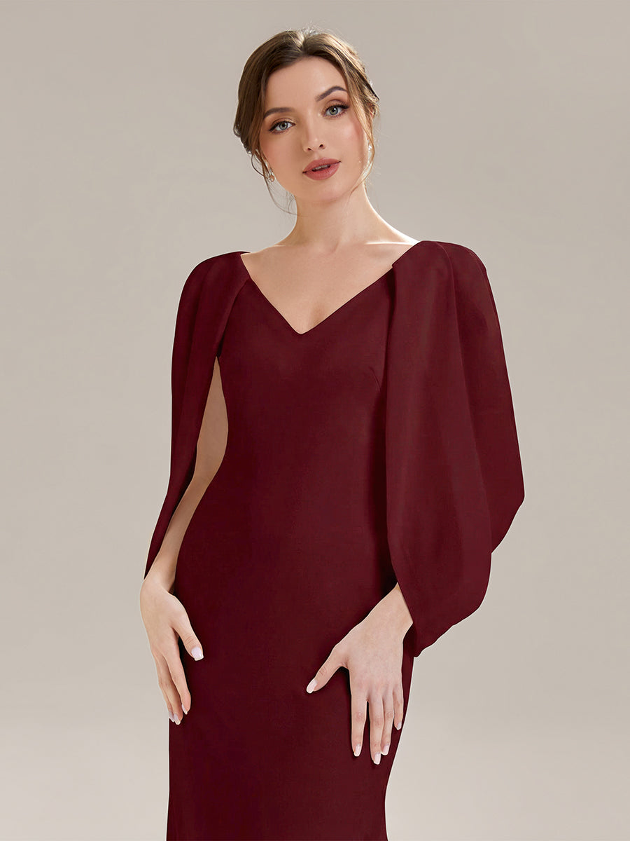 Tie-Front Knit Cape Sleeve Evening Dress #color_Burgundy