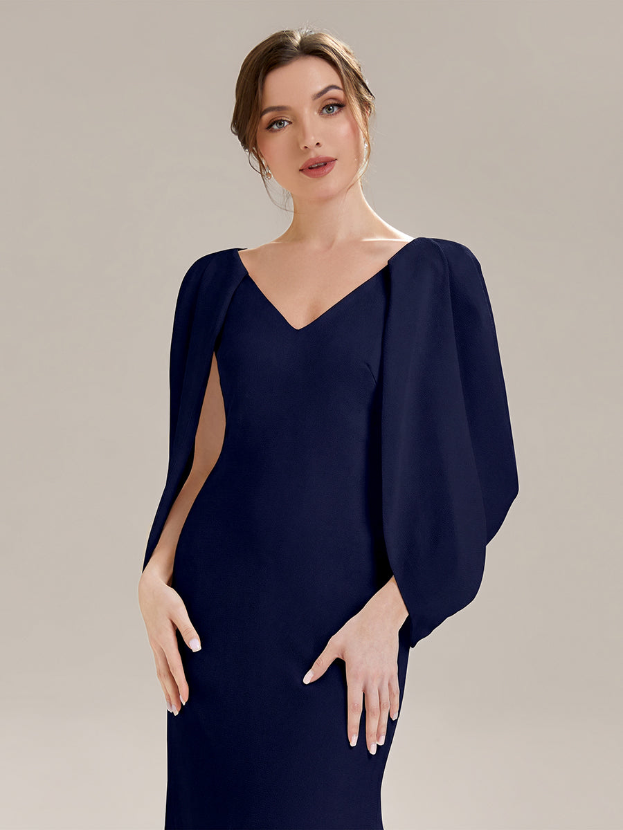 Tie-Front Knit Cape Sleeve Evening Dress #color_Navy Blue