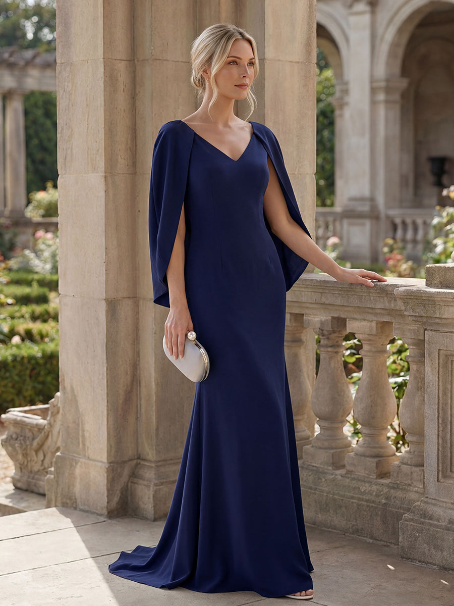 Tie-Front Knit Cape Sleeve Evening Dress #color_Navy Blue