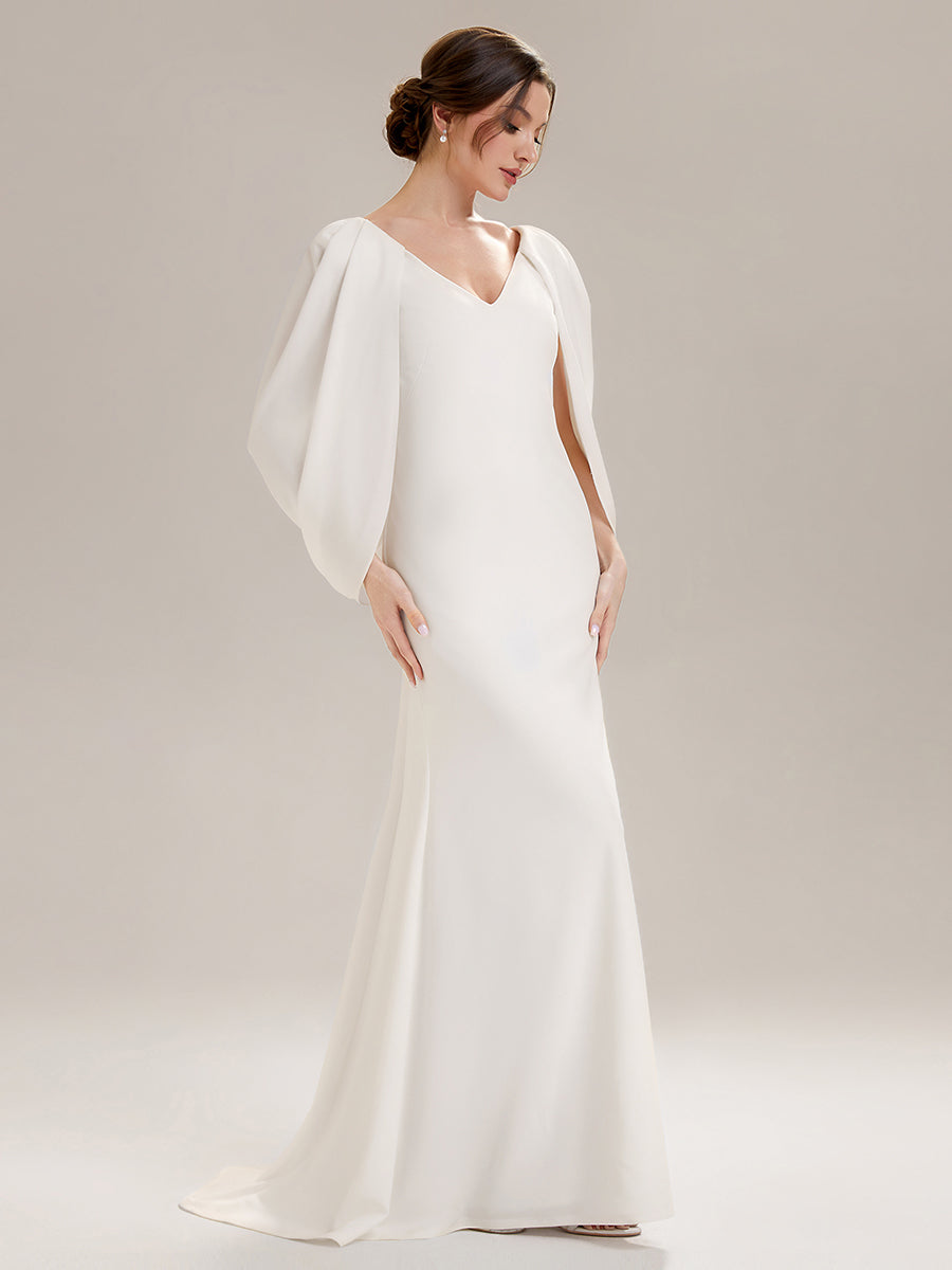 Tie-Front Knit Cape Sleeve Evening Dress #color_White