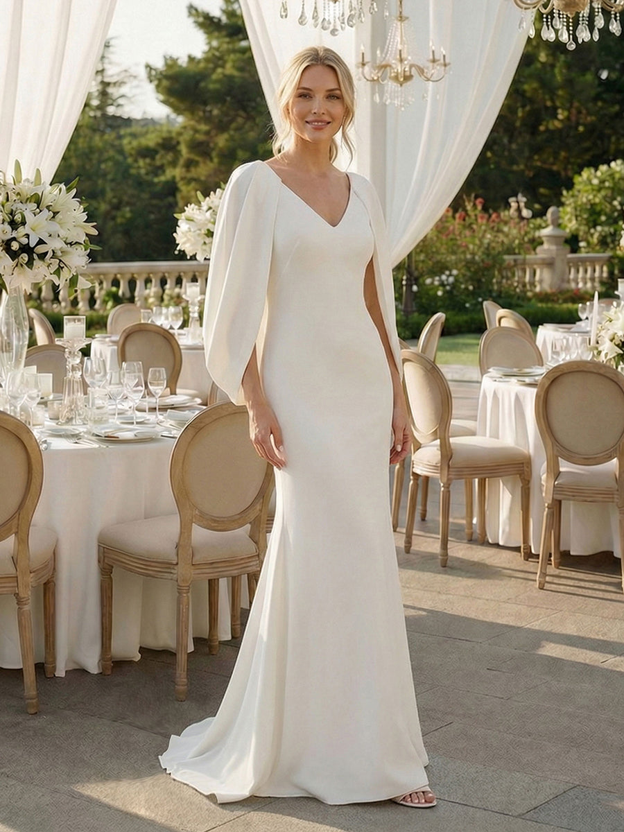 Tie-Front Knit Cape Sleeve Evening Dress #color_White