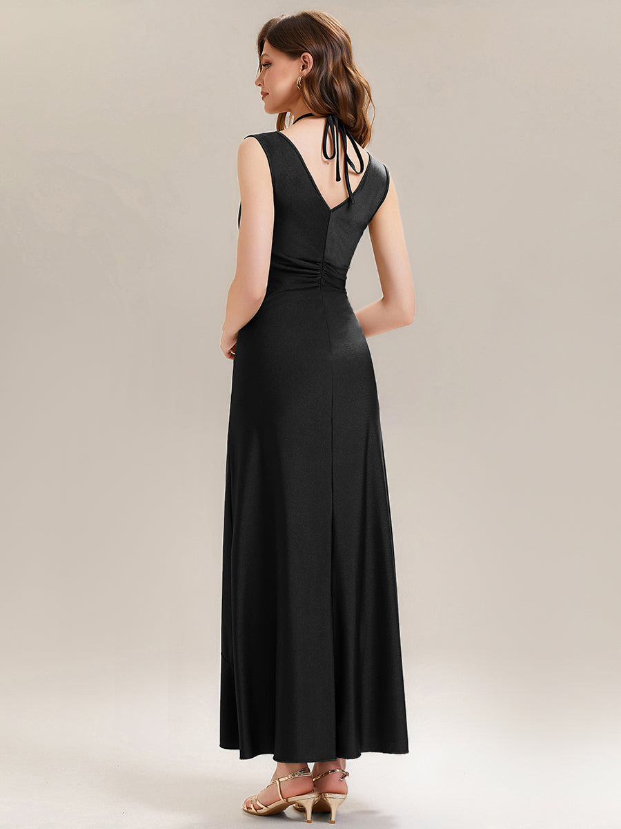 Ruched Asymmetric Hemline Flattering Evening Dress #color_Black