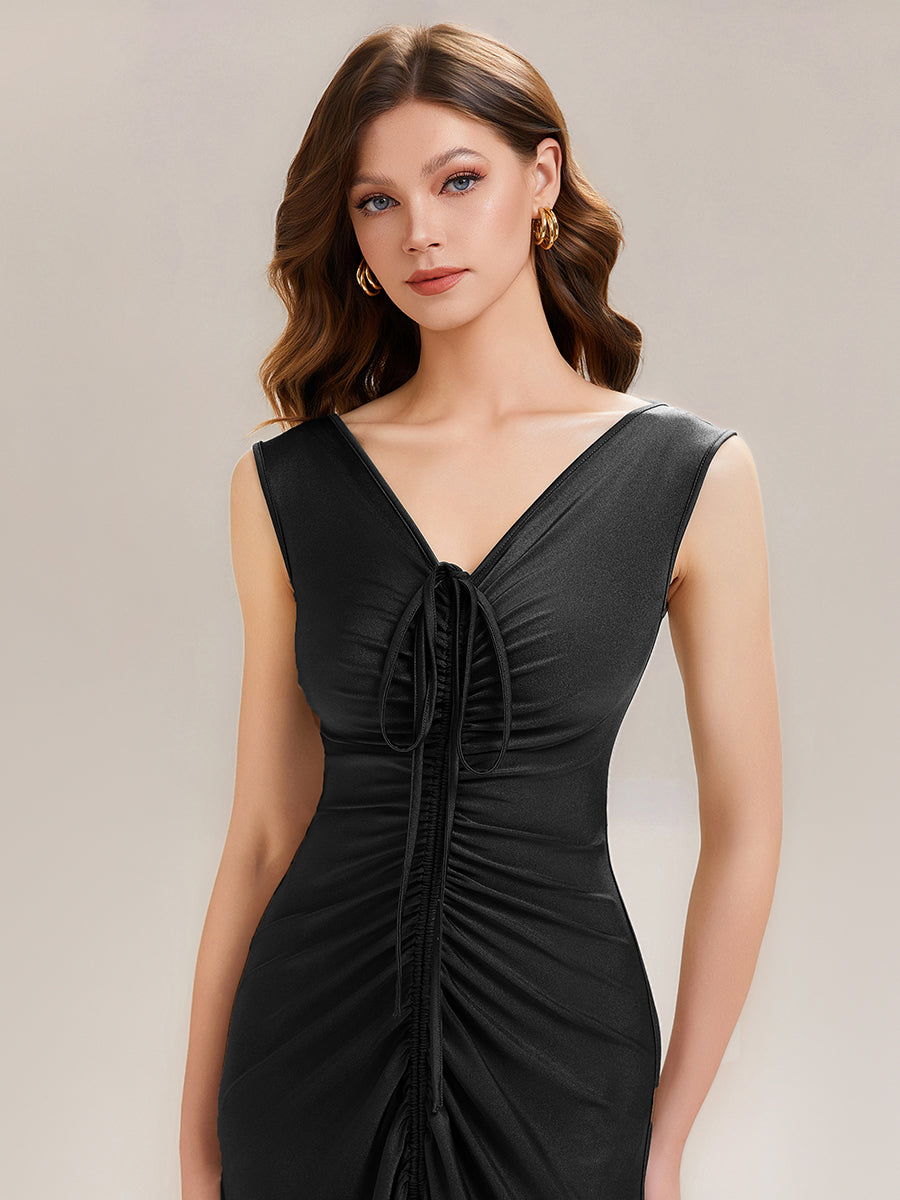 Ruched Asymmetric Hemline Flattering Evening Dress #color_Black